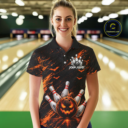 Custom Funny Pumpkin Bowling Shirts For Women, Halloween Bowling Outfits For Bowling Team NBT1166