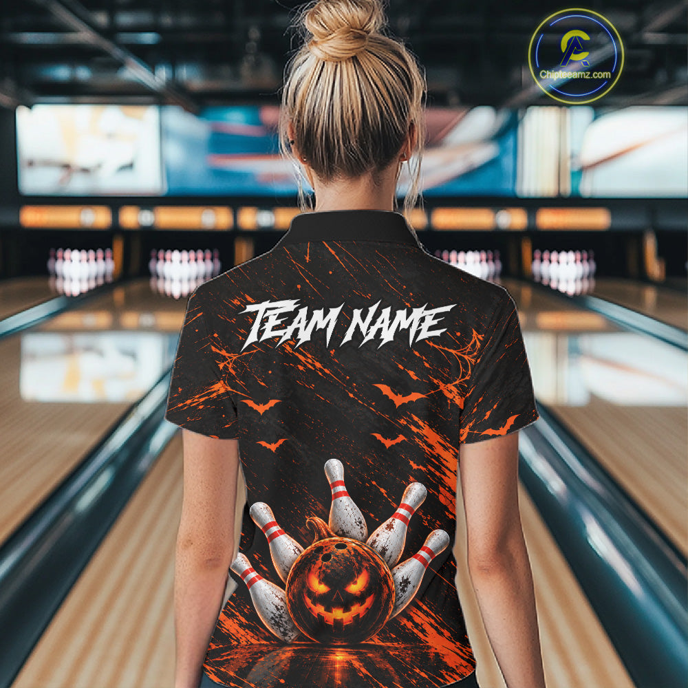 Custom Funny Pumpkin Bowling Shirts For Women, Halloween Bowling Outfits For Bowling Team NBT1166