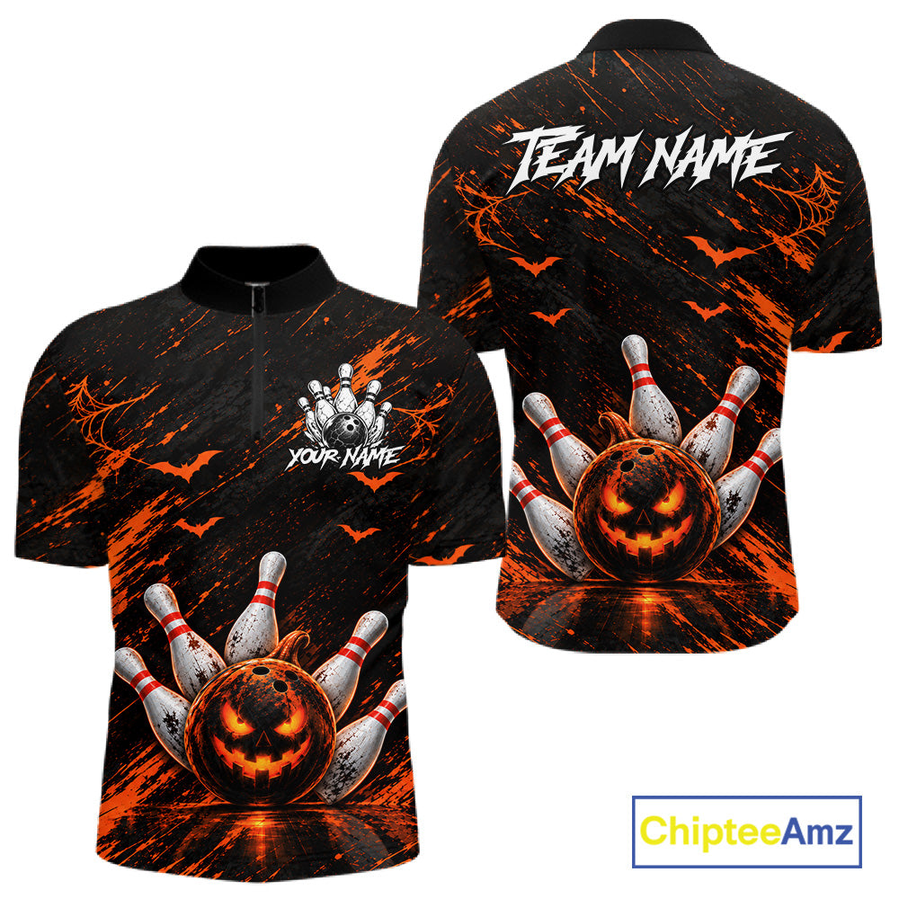 Custom Funny Pumpkin Bowling Shirts For Men, Halloween Bowling Outfits For Bowling Team NBT1166
