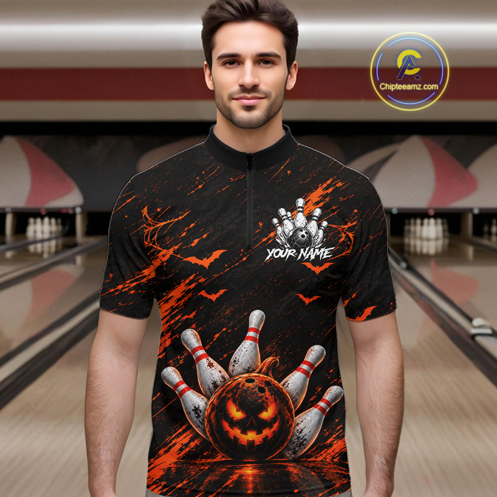 Custom Funny Pumpkin Bowling Shirts For Men, Halloween Bowling Outfits For Bowling Team NBT1166
