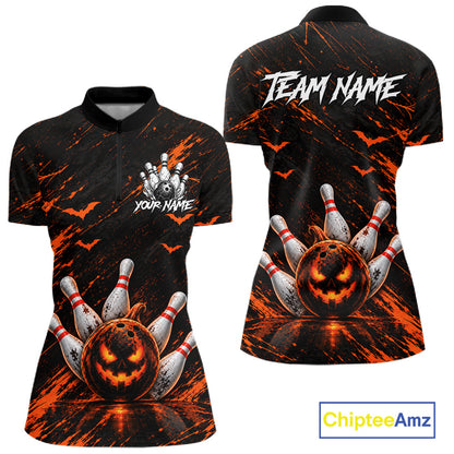 Custom Funny Pumpkin Bowling Shirts For Women, Halloween Bowling Outfits For Bowling Team NBT1166