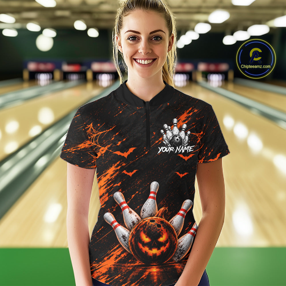 Custom Funny Pumpkin Bowling Shirts For Women, Halloween Bowling Outfits For Bowling Team NBT1166