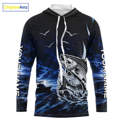 Front view of personalized Redfish Red Drum blue long sleeve hooded performance fishing shirt, offshore tournament style