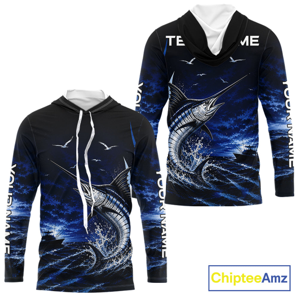 Front and back view of personalized Redfish Red Drum blue long sleeve hooded performance fishing shirt for offshore tournaments