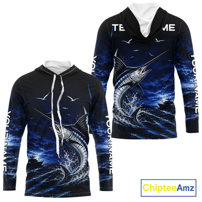 Front and back view of personalized Redfish Red Drum blue long sleeve hooded performance fishing shirt for offshore tournaments