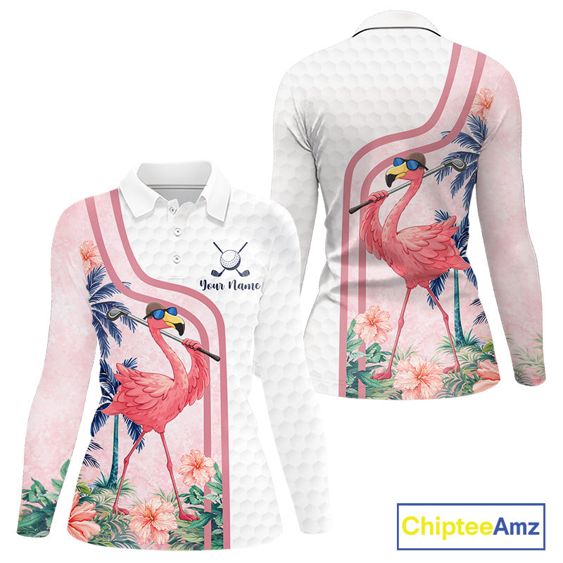 Funny Womens Golf Polo Shirts Custom Pink And White Tropical Flamingo Patter,White Golf Shirt NBT479