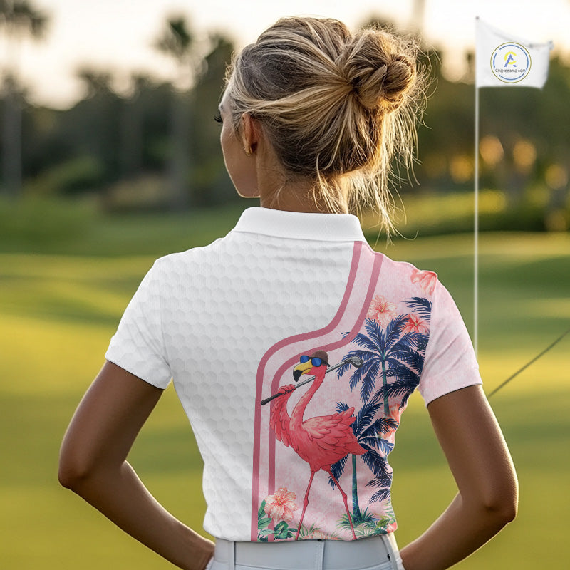 Funny Womens Golf Polo Shirts Custom Pink And White Tropical Flamingo Patter,White Golf Shirt NBT479
