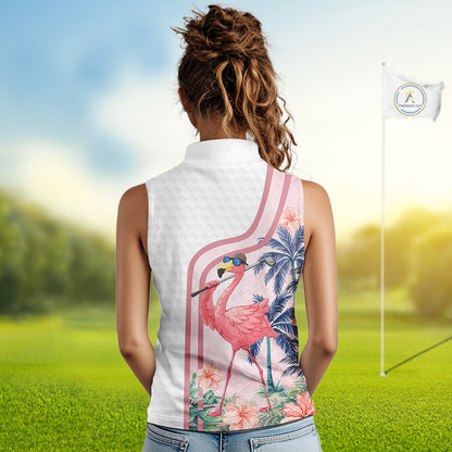 Funny Womens Sleeveless Golf Polo Shirt Custom Pink And White Tropical Flamingo Patter,White Golf Shirt NBT479