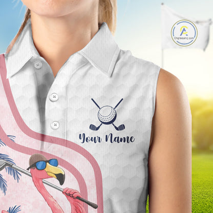 Funny Womens Sleeveless Golf Polo Shirt Custom Pink And White Tropical Flamingo Patter,White Golf Shirt NBT479
