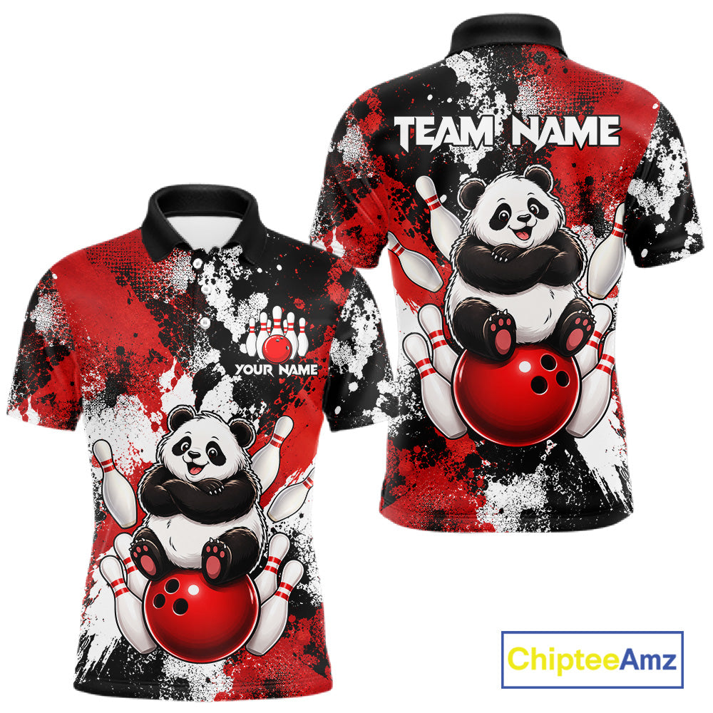Front and back view of funny black and red panda bowling polo shirt for men, custom team jersey