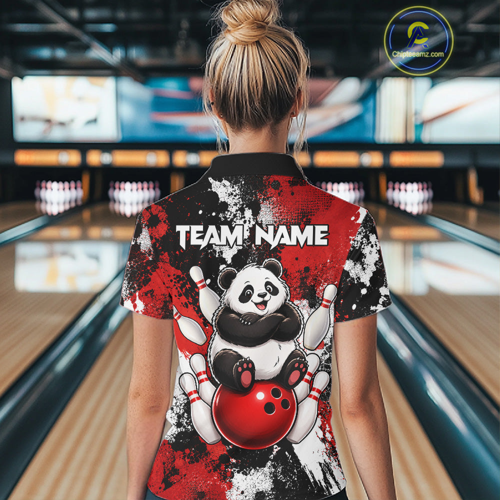 Funny Black And Red Panda Bowling Polo & Quarter Zip For Women, Custom Bowling Team Shirt Bowling Jersey NBT913