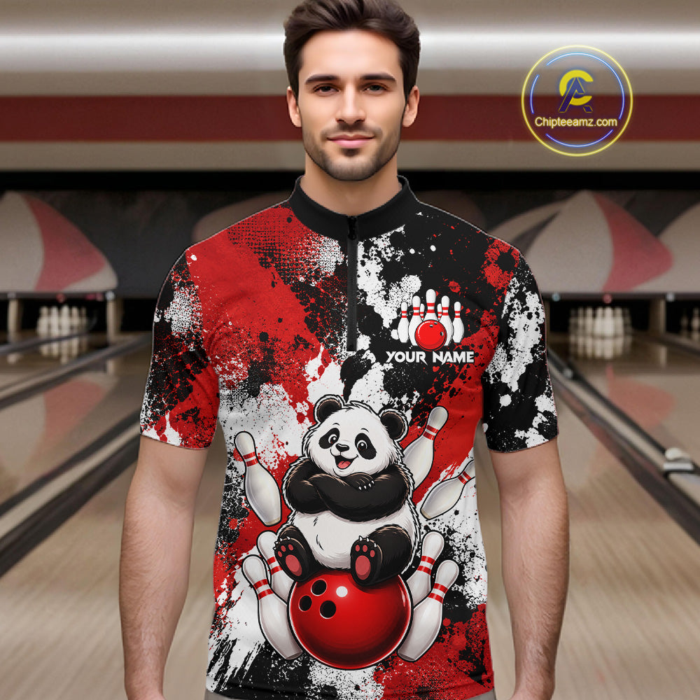 Bowler wearing funny black and red panda bowling 1/4 quarter zip shirt on the lanes