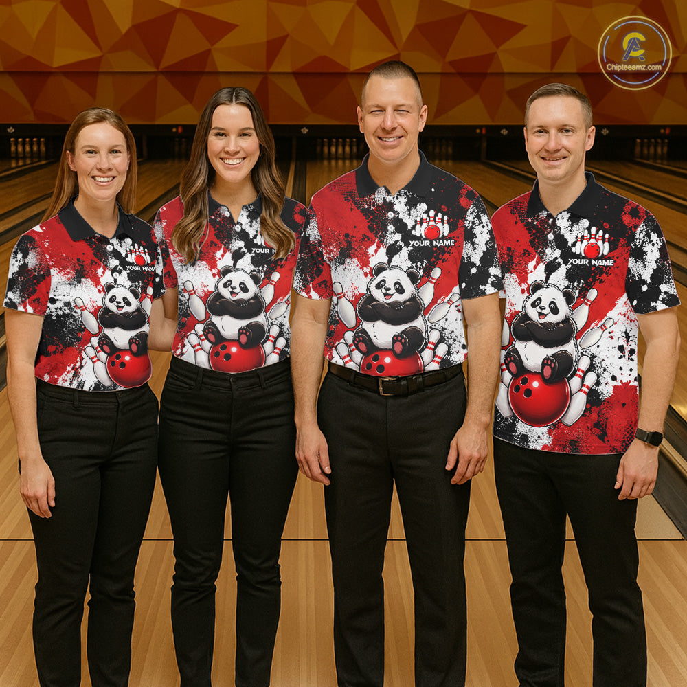 Bowling team wearing matching funny black and red panda bowling jerseys with personalized names