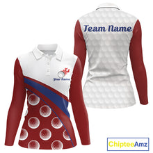 Load image into Gallery viewer, front view of funny golf balls pattern long sleeve womens red golf polo shirt for ladies