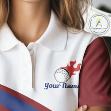 Load image into Gallery viewer, close up funny golf balls pattern on womens red golf polo shirt for ladies