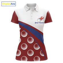 Load image into Gallery viewer, front view of funny golf balls pattern womens red golf polo shirt for ladies
