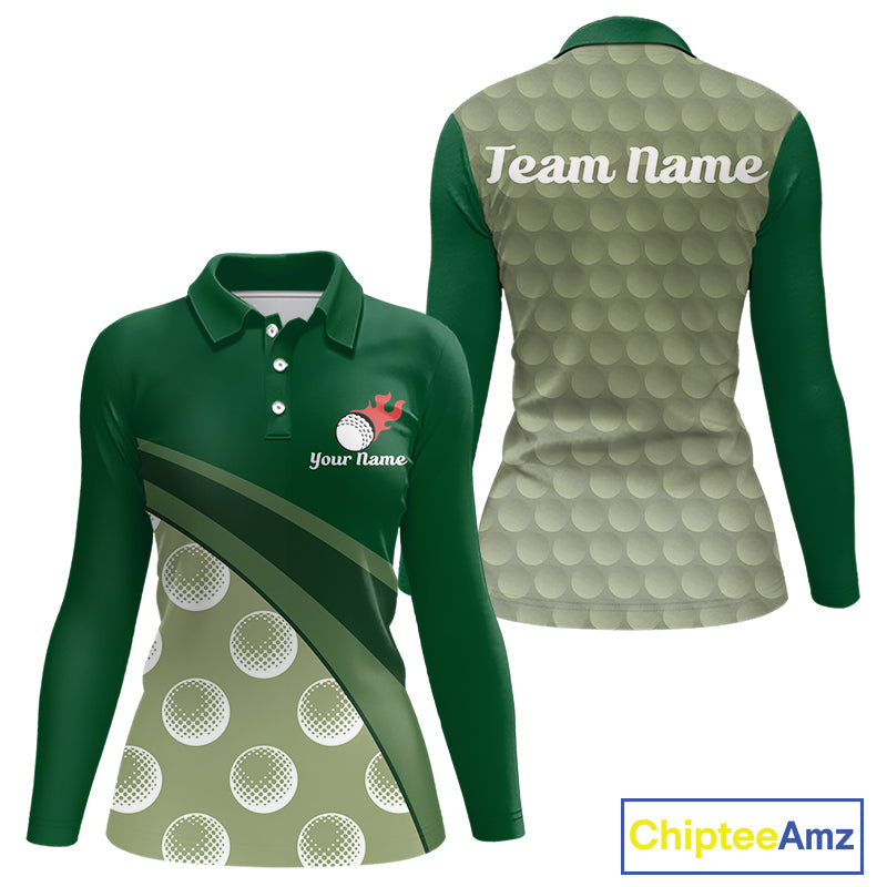 front view of funny golf balls pattern long sleeve womens green golf polo shirt for ladies