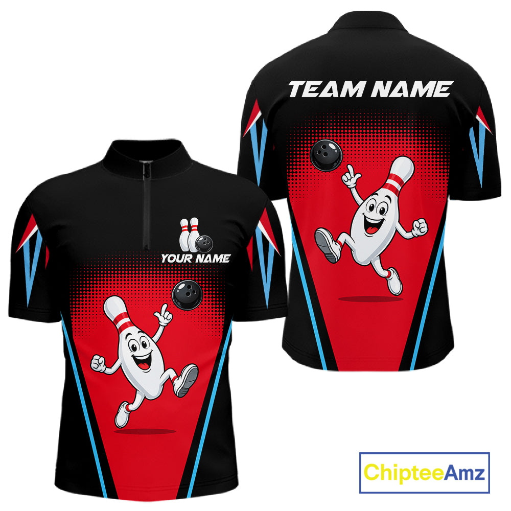 Red And Black Funny Bowling Shirts For Men Bowling Team Jersey For Bowlers Polo & 1/4 Zip Shirt NBT1177