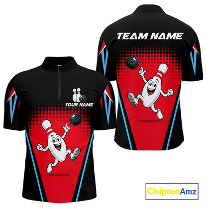 Red And Black Funny Bowling Shirts For Men Bowling Team Jersey For Bowlers Polo & 1/4 Zip Shirt NBT1177