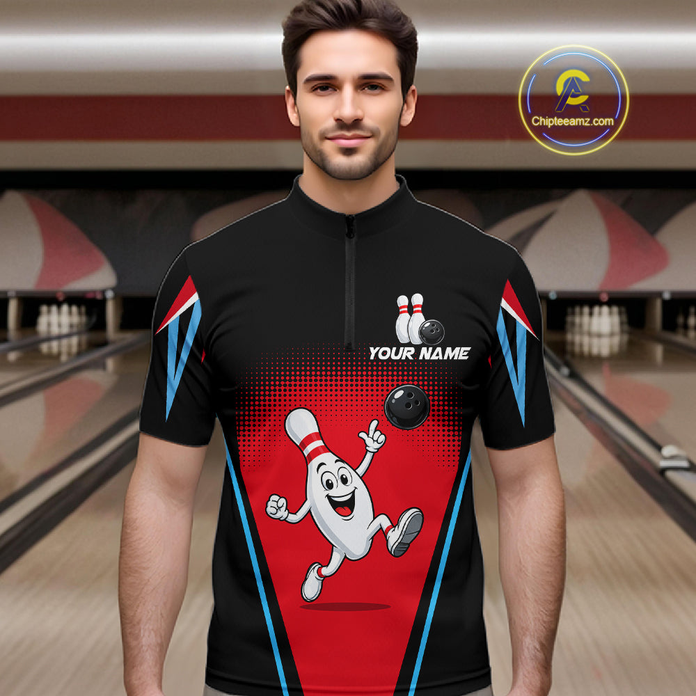 Red And Black Funny Bowling Shirts For Men Bowling Team Jersey For Bowlers Polo & 1/4 Zip Shirt NBT1177