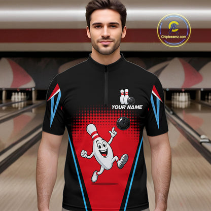 Red And Black Funny Bowling Shirts For Men Bowling Team Jersey For Bowlers Polo & 1/4 Zip Shirt NBT1177