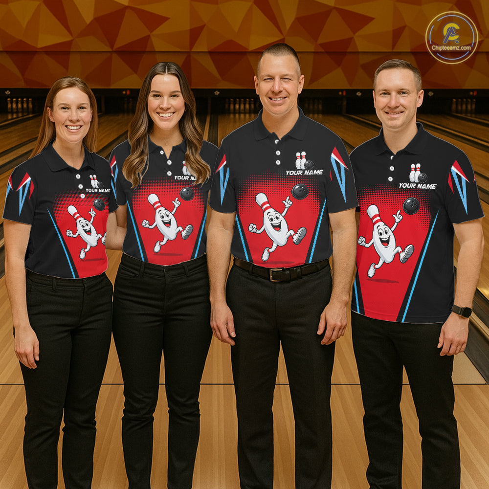Red And Black Funny Bowling Shirts For Men Bowling Team Jersey For Bowlers Polo & 1/4 Zip Shirt NBT1177