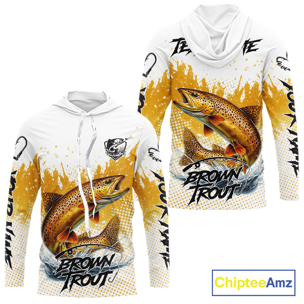 Custom Brown Trout Long Sleeve Hooded Fishing Shirts Yellow Camo Fishing Lures, Custom Fishing Jerseys NBT377