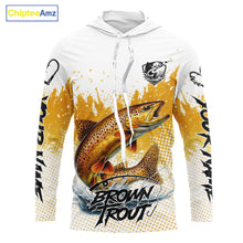 Load image into Gallery viewer, Custom Brown Trout Long Sleeve Hooded Fishing Shirts Yellow Camo Fishing Lures, Custom Fishing Jerseys NBT377