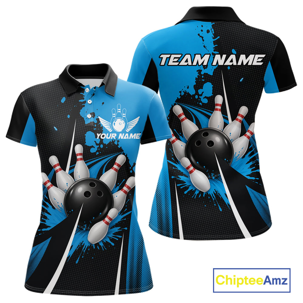 Personalized Blue Bowling Shirts Custom Women Bowling Team Jersey Polo & 1/4 Zip Bowling Shirts NBT1183