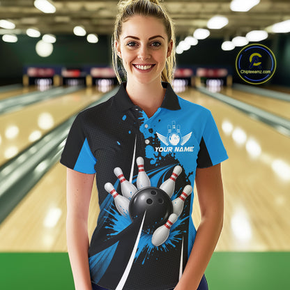 Personalized Blue Bowling Shirts Custom Women Bowling Team Jersey Polo & 1/4 Zip Bowling Shirts NBT1183