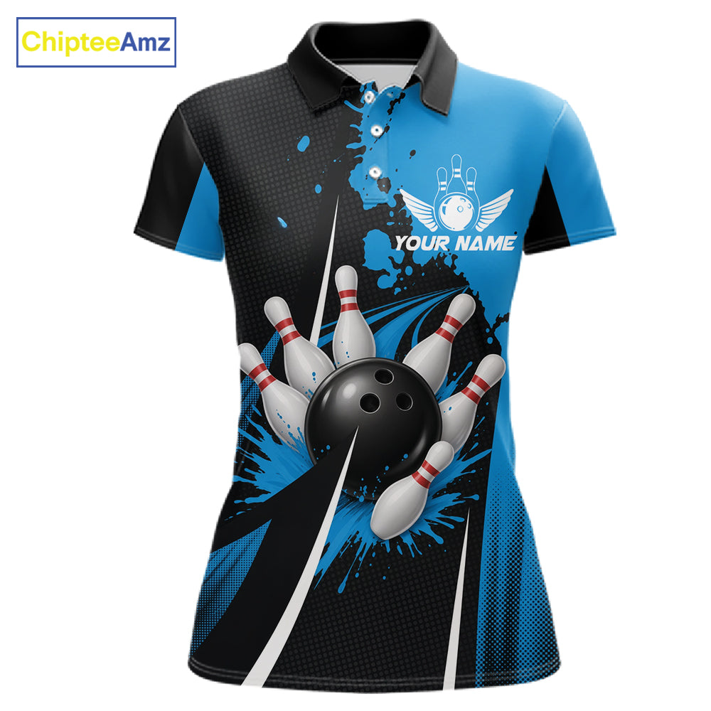 Personalized Blue Bowling Shirts Custom Women Bowling Team Jersey Polo & 1/4 Zip Bowling Shirts NBT1183