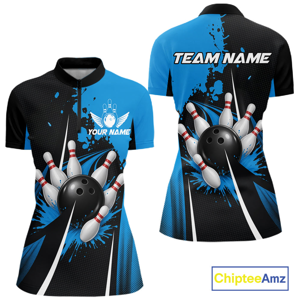 Personalized Blue Bowling Shirts Custom Women Bowling Team Jersey Polo & 1/4 Zip Bowling Shirts NBT1183