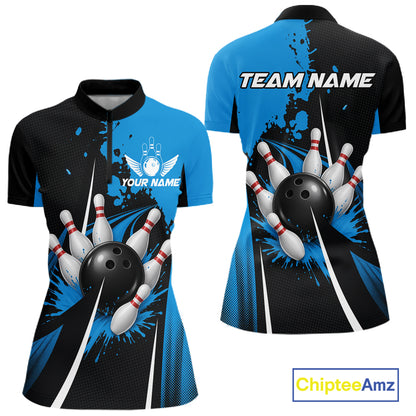 Personalized Blue Bowling Shirts Custom Women Bowling Team Jersey Polo & 1/4 Zip Bowling Shirts NBT1183