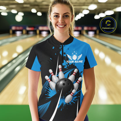 Personalized Blue Bowling Shirts Custom Women Bowling Team Jersey Polo & 1/4 Zip Bowling Shirts NBT1183