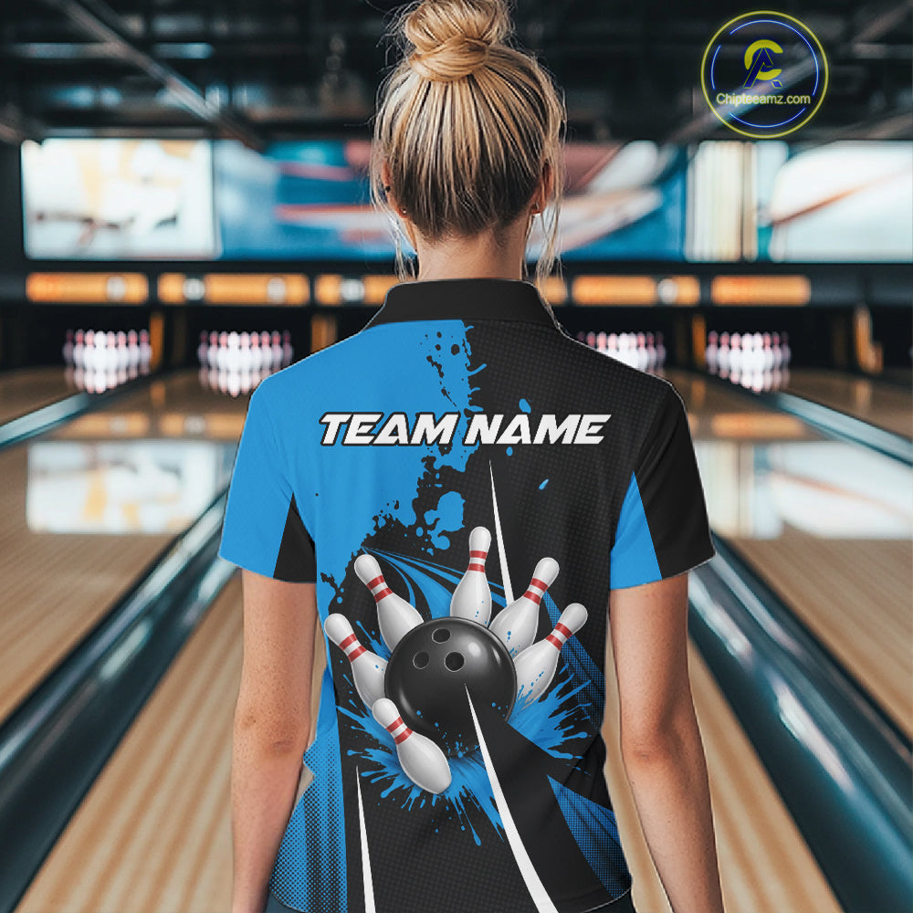 Personalized Blue Bowling Shirts Custom Women Bowling Team Jersey Polo & 1/4 Zip Bowling Shirts NBT1183