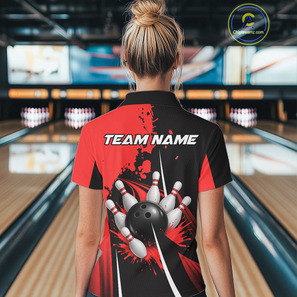 Personalized Red Bowling Shirts Custom Women Bowling Team Jersey Polo & 1/4 Zip Bowling Shirts NBT1184
