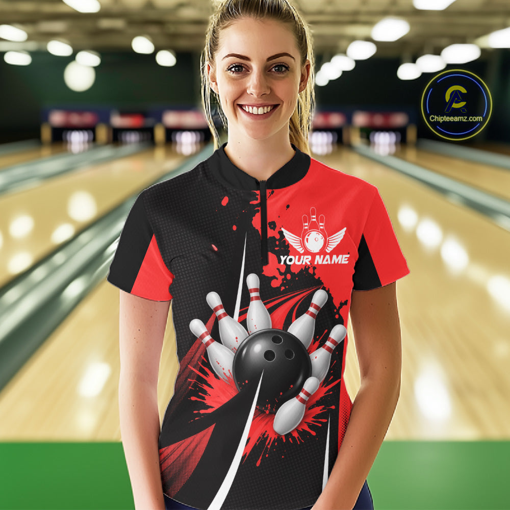 Personalized Red Bowling Shirts Custom Women Bowling Team Jersey Polo & 1/4 Zip Bowling Shirts NBT1184