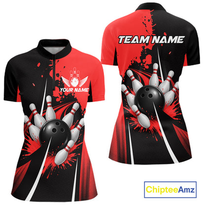 Personalized Red Bowling Shirts Custom Women Bowling Team Jersey Polo & 1/4 Zip Bowling Shirts NBT1184