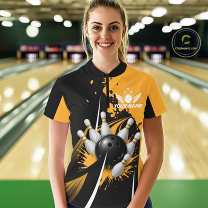 Personalized Yellow Bowling Shirts Custom Women Bowling Team Jersey Polo & 1/4 Zip Bowling Shirts NBT1186