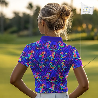 Colorful Neon Rainbow Leopard Flamingo Pattern Womens Polo Shirts, Custom Flamingo Golf Shirts NBT507