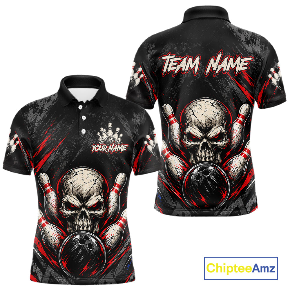 Personalized Black And Red Skull Bowling Polo & 1/4 Zip Shirt For Men Custom Flame Bowler Jerseys NBT1074