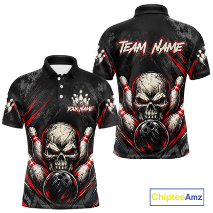 Personalized Black And Red Skull Bowling Polo & 1/4 Zip Shirt For Men Custom Flame Bowler Jerseys NBT1074