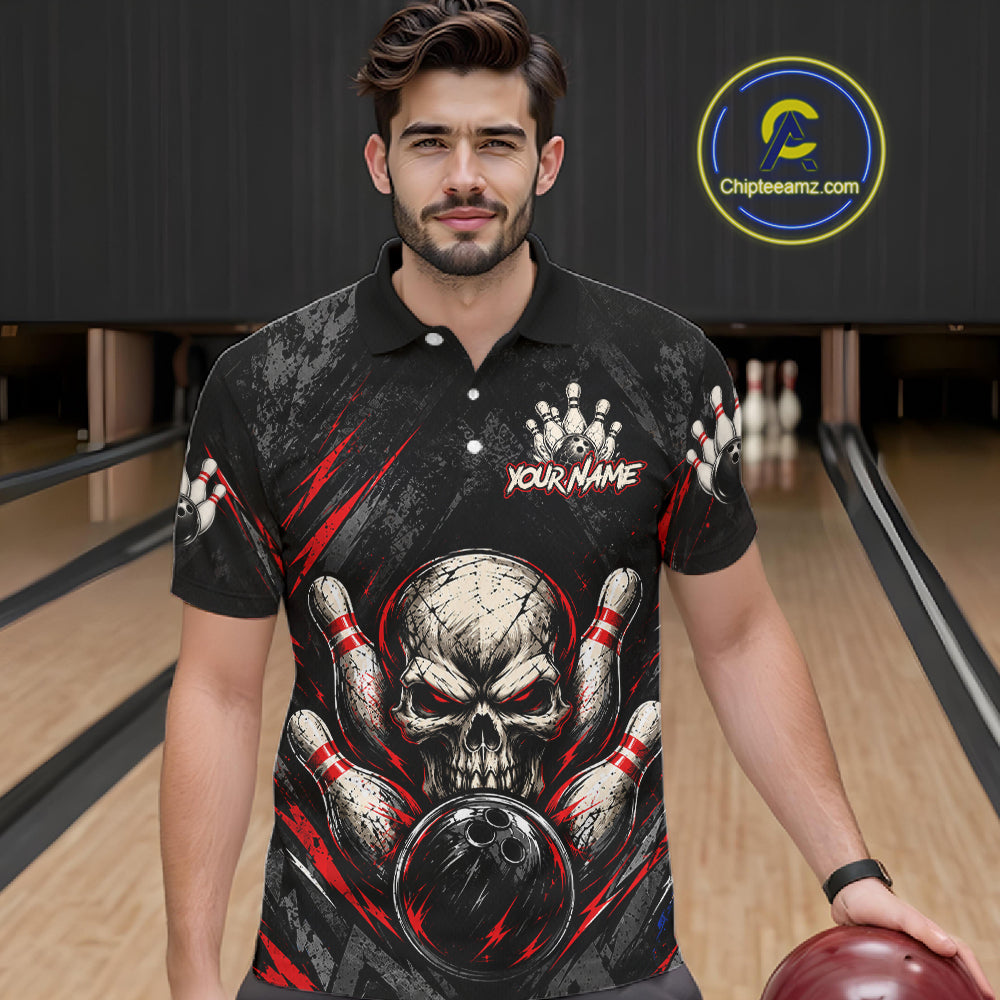 Personalized Black And Red Skull Bowling Polo & 1/4 Zip Shirt For Men Custom Flame Bowler Jerseys NBT1074