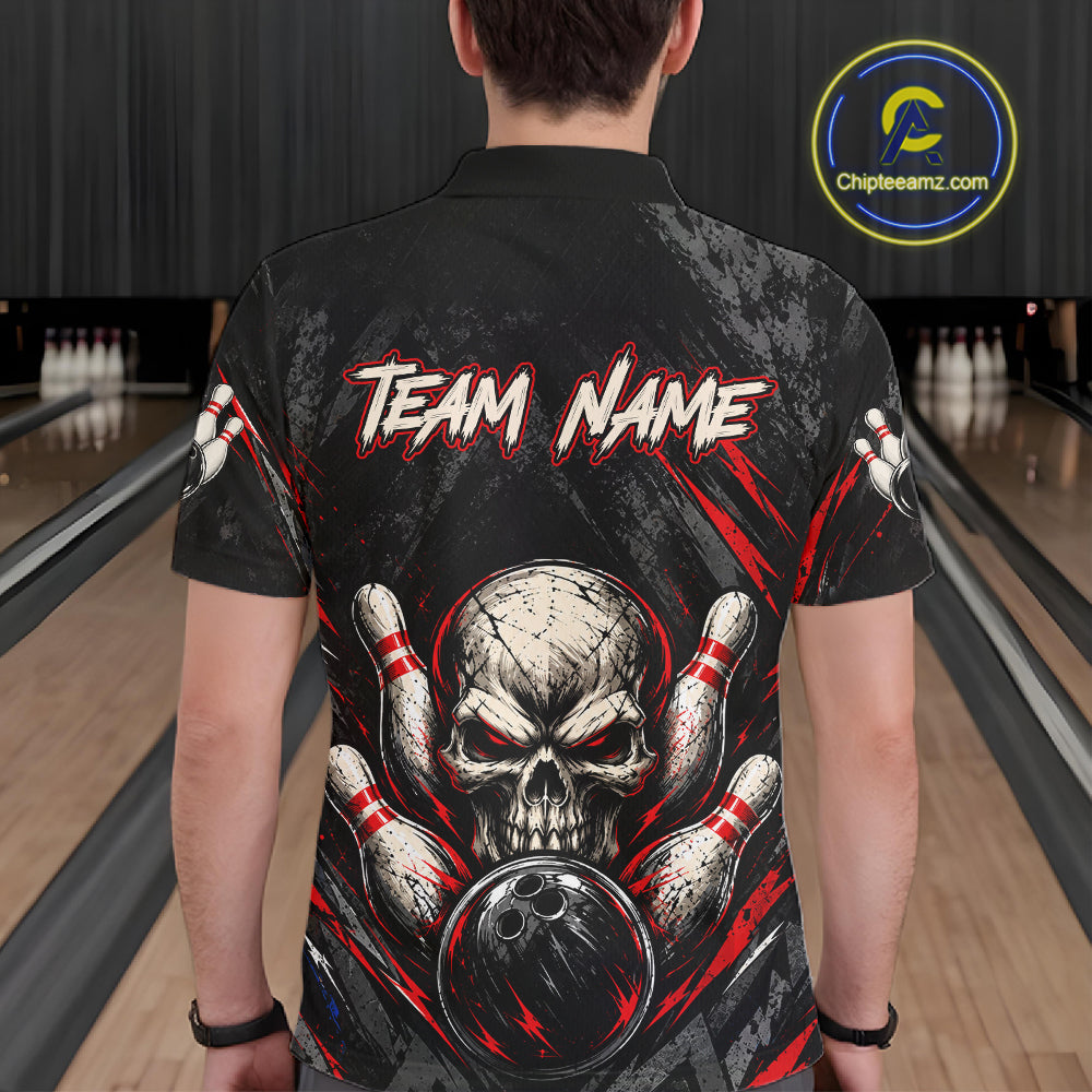 Personalized Black And Red Skull Bowling Polo & 1/4 Zip Shirt For Men Custom Flame Bowler Jerseys NBT1074