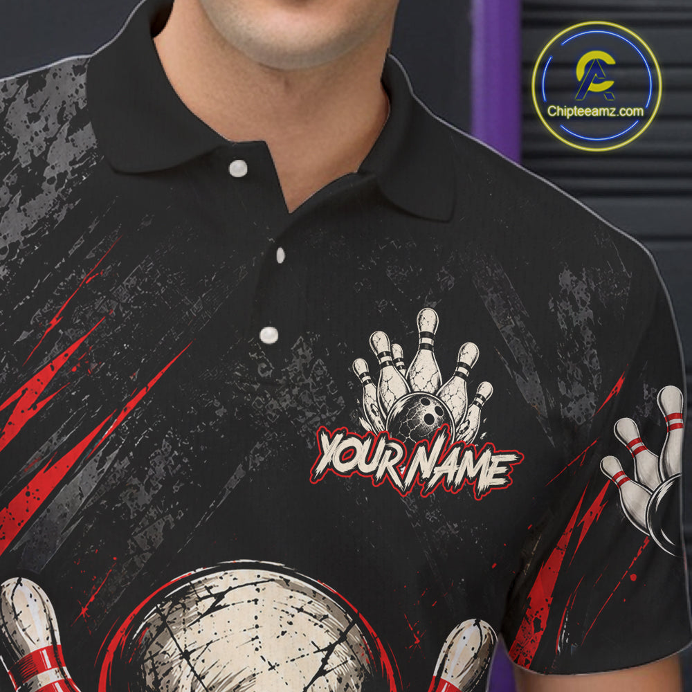 Personalized Black And Red Skull Bowling Polo & 1/4 Zip Shirt For Men Custom Flame Bowler Jerseys NBT1074