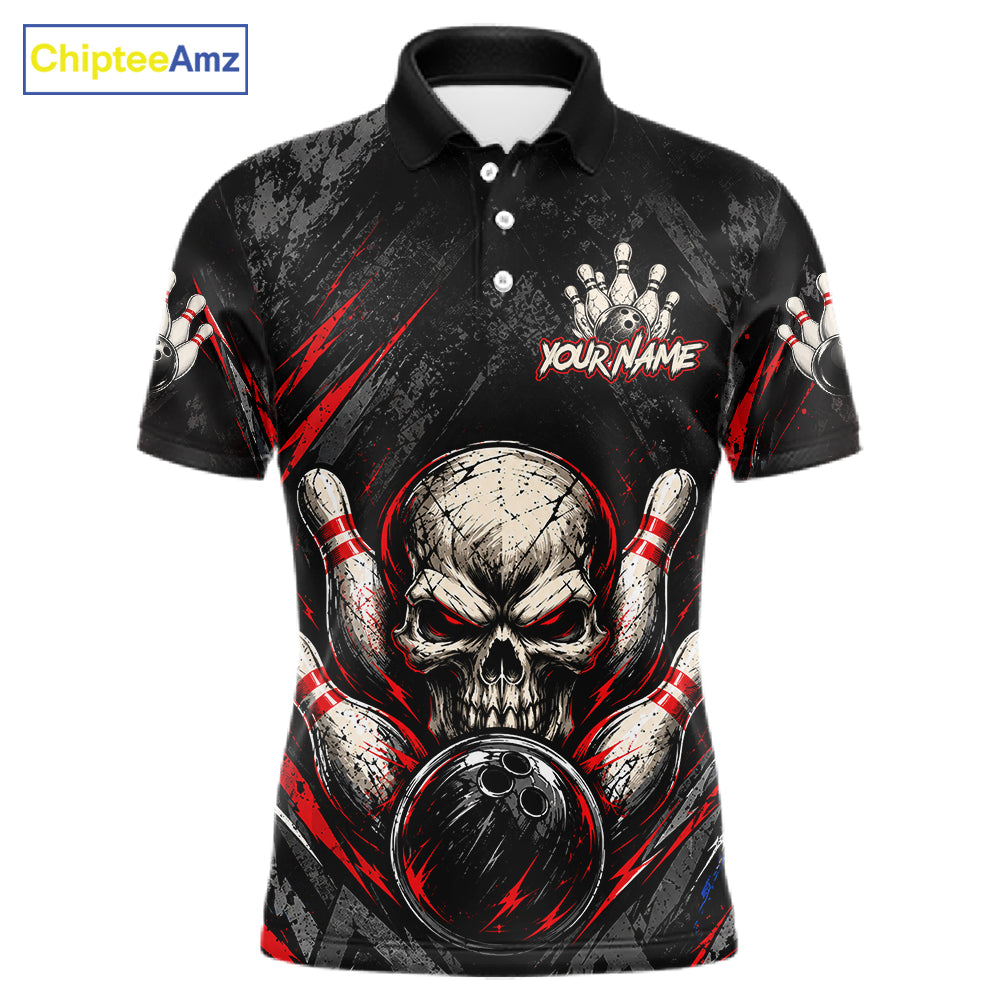 Personalized Black And Red Skull Bowling Polo & 1/4 Zip Shirt For Men Custom Flame Bowler Jerseys NBT1074