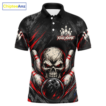 Personalized Black And Red Skull Bowling Polo & 1/4 Zip Shirt For Men Custom Flame Bowler Jerseys NBT1074