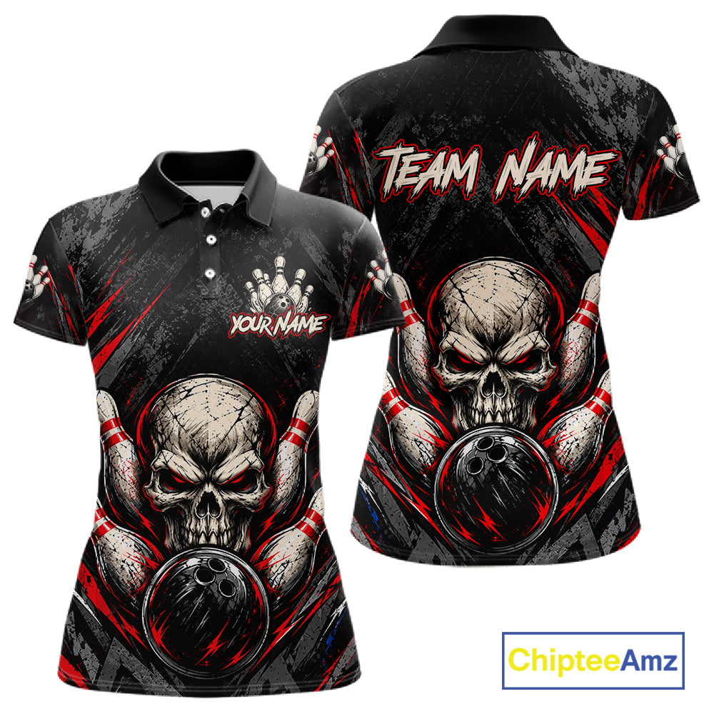 Personalized Black And Red Skull Bowling Polo & 1/4 Zip Shirt For Women Custom Flame Bowler Jerseys NBT1074
