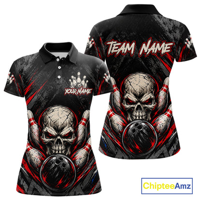 Personalized Black And Red Skull Bowling Polo & 1/4 Zip Shirt For Women Custom Flame Bowler Jerseys NBT1074