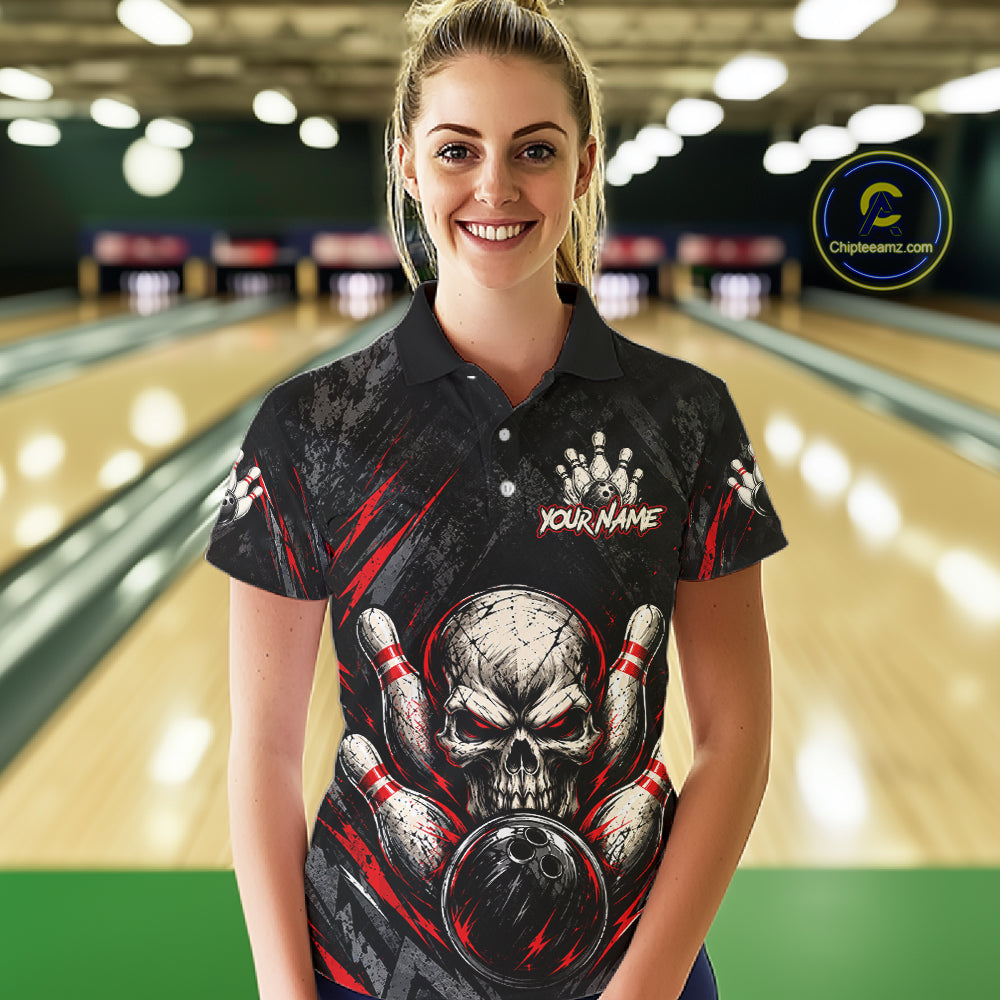 Personalized Black And Red Skull Bowling Polo & 1/4 Zip Shirt For Women Custom Flame Bowler Jerseys NBT1074